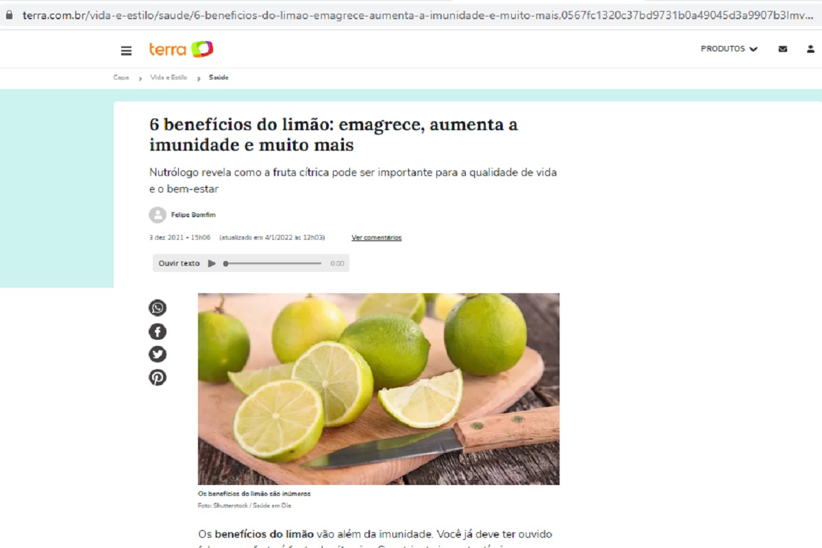 Publicação do site terra.com.br falando sobre os benefícios do limão - Imagem do portal Terra