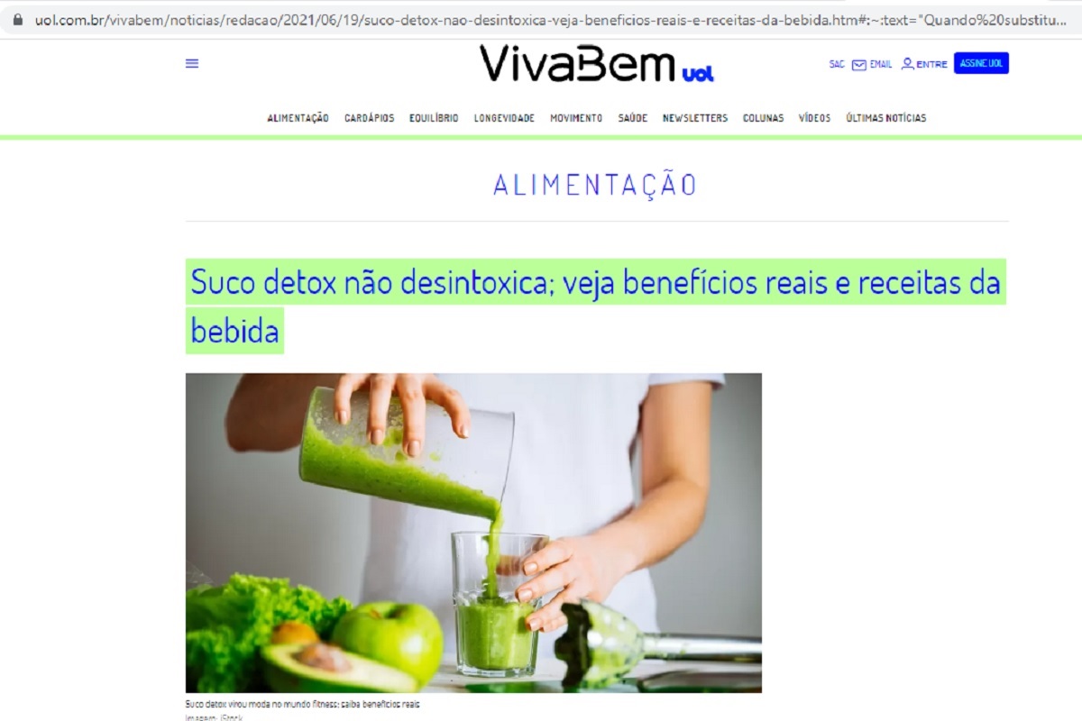 Publicação do site uol.com.br sobre suco detox - Imagem do portal UOL