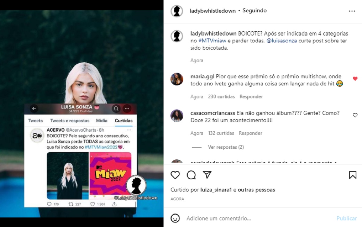 Luísa Sonza segere ter sido boicotada por premiação (Foto: Reprodução/Instagram)