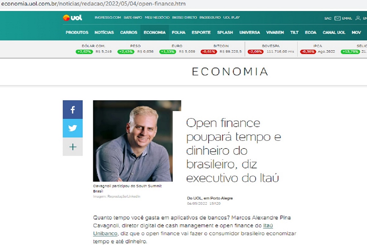Publicação do portal economia.uol.com.br falando sobre o Open Finance - Imagem do portal UOL