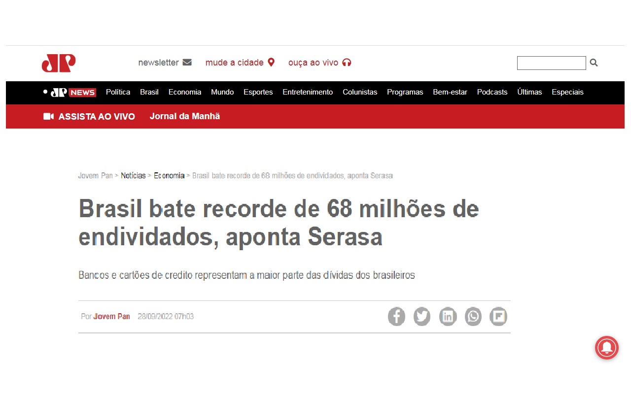 Quase 68 milhões de brasileiros estão com contas atrasadas aponta Serasa. A saída é renegociar; confira - Reprodução Jovem Pan
