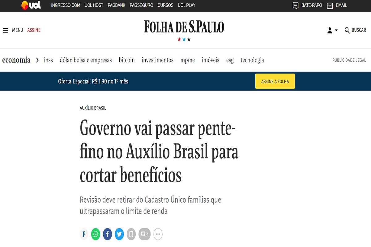 Auxilio Brasil: veja quais são os beneficiários que poderão ser cancelados em Setembro - Reprodução Folha de São Paulo