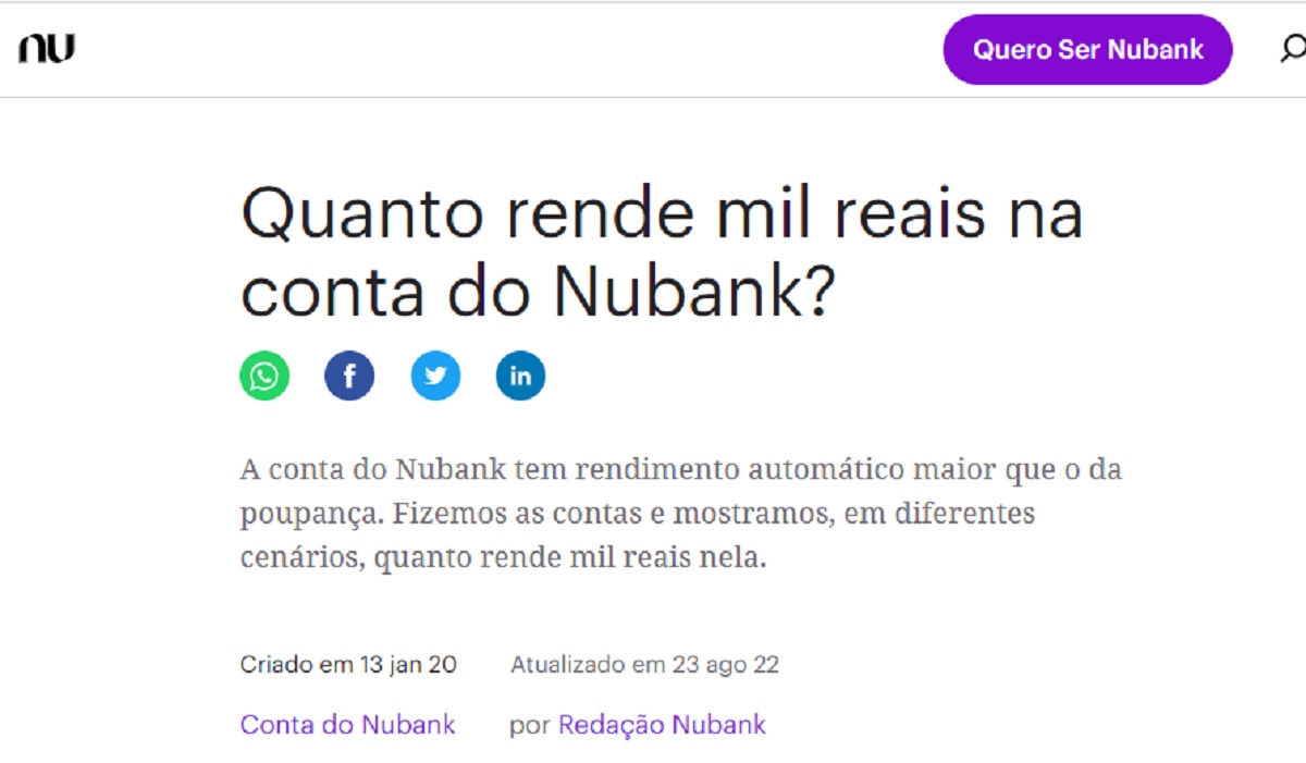 Qual banco digital me renderia R$1.000 mensais, com menos dinheiro investido; Nubank ou C6 Bank?