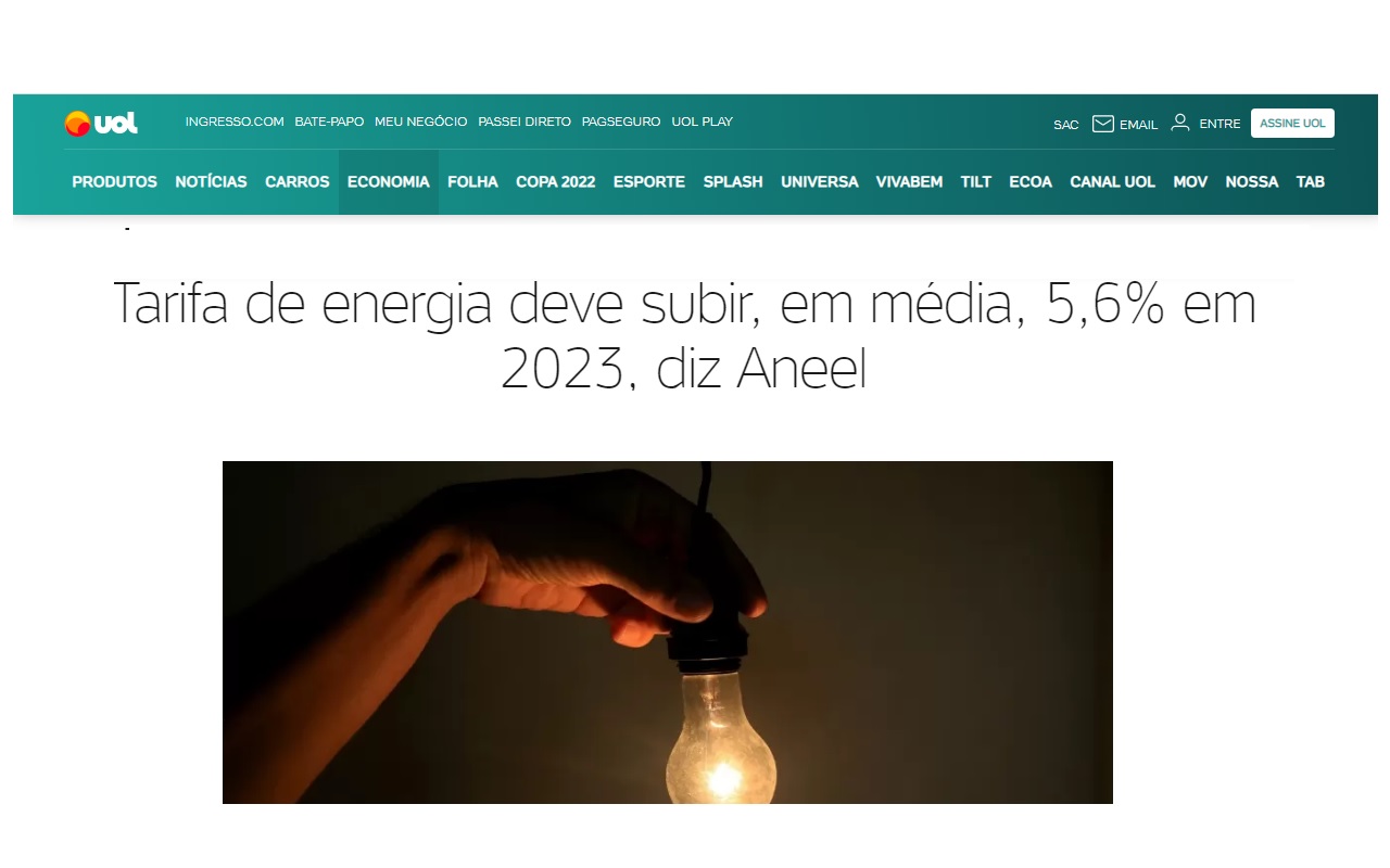 Conta de Luz vai ficar 5,6% mais cara em 2023. Descubra quatro dicas de como economizar energia - Reprodução UOL