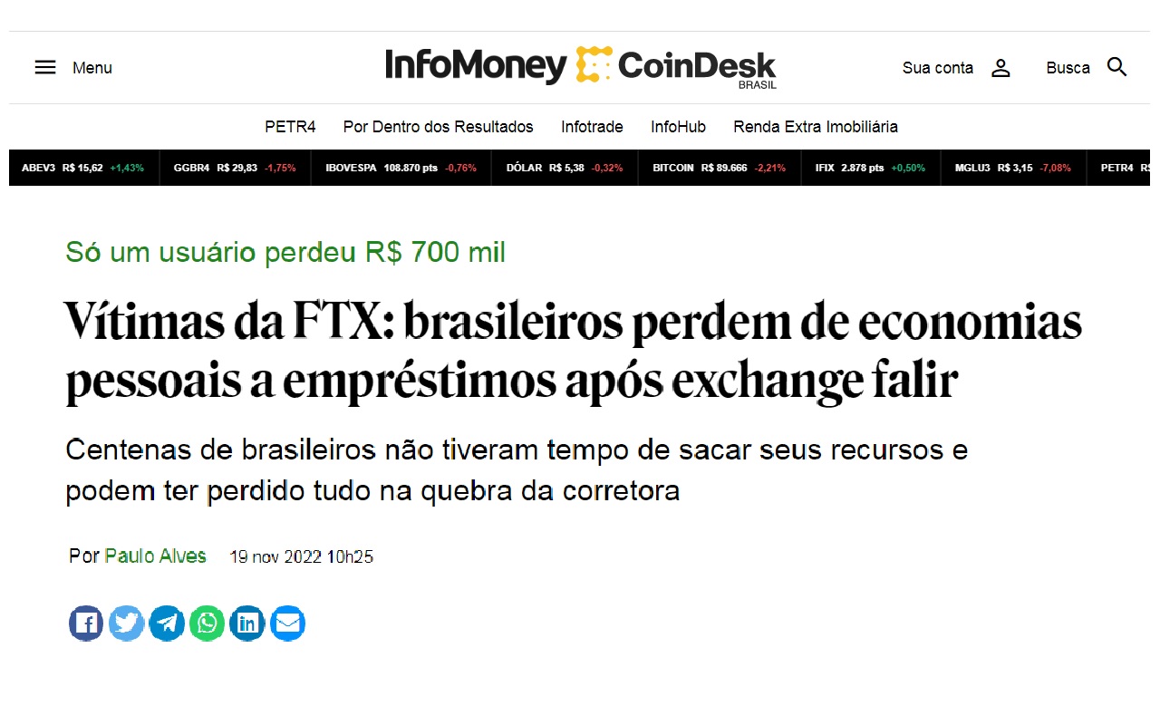 Corretora de Criptomoedas FTX decreta falência e prejudica milhares de usuários no Brasil; saiba mais - Reprodução InfoMoney