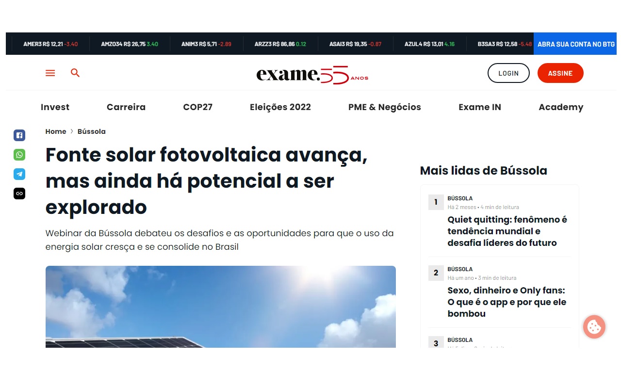 Geração de Energia Solar cresce no Brasil e São Paulo é um dos maiores produtores; confira - Reprodução Exame