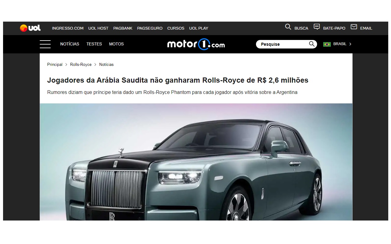 Jogadores da Arábia Saudita vão mesmo ganhar um Rolls Royce pela vitória sobre a Argentina. Confira - Reprodução UOL