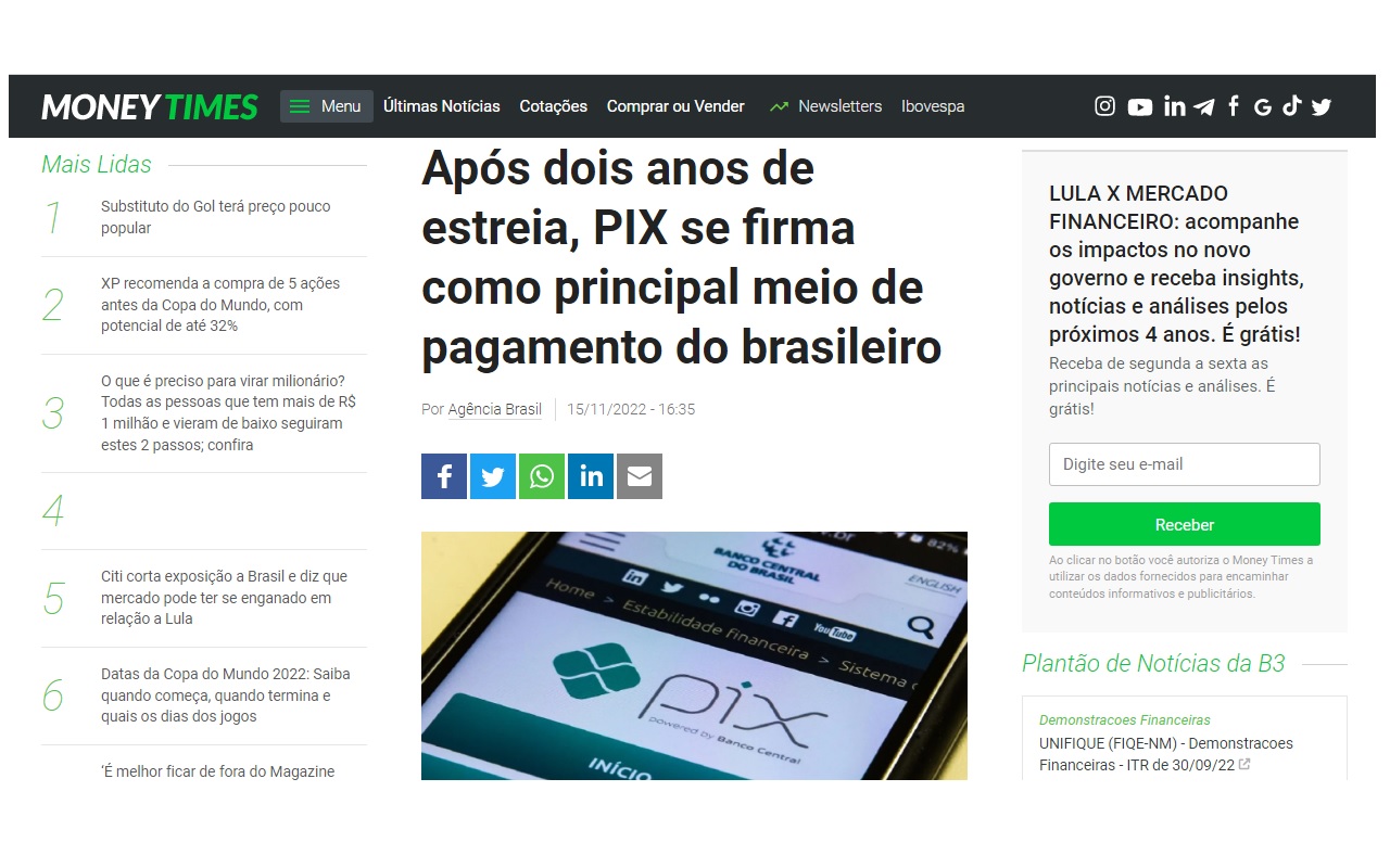 PIX faz dois anos e se consolida na preferência dos brasileiros como principal meio de pagamento - Reprodução MoneyTimes