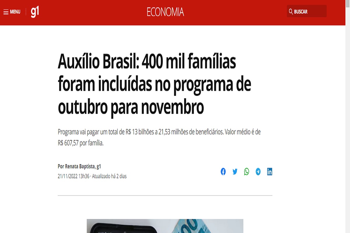 Auxílio Brasil: 400 mil novos beneficiários foram incluídos em novembro; confira - Reprodução G1