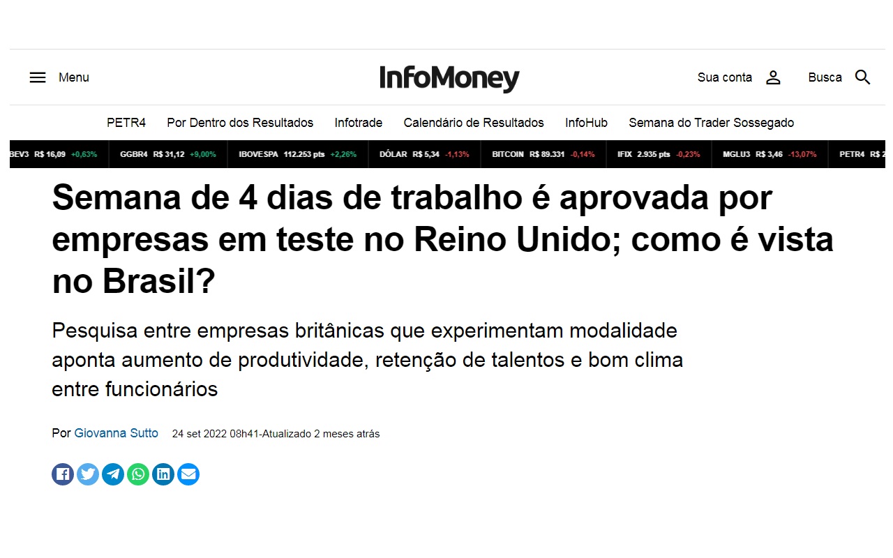 Semana de quatro dias é possível. Mais de 70% dos trabalhadores brasileiros aprovam esse modelo - Reprodução InfoMoney