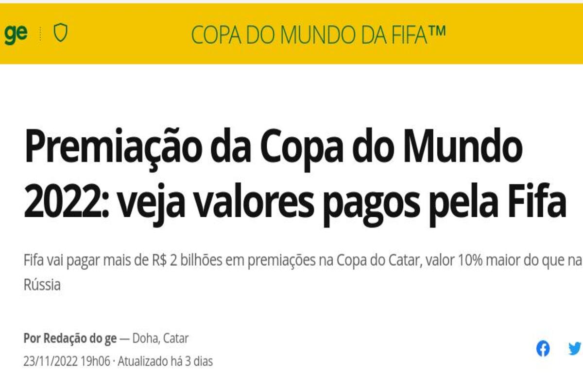 Copa do Mundo dará prêmio bilionário ao campeão, veja quanto a seleção do Brasil pode faturar - Reprodução Globo Esporte