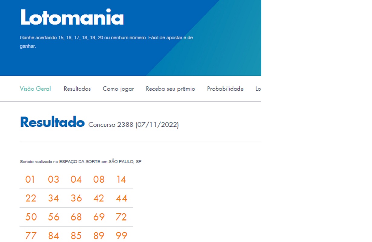Lotomania: concurso 2388 tem um ganhador, que leva R$ 2,6 milhões para Porangatu-GO; veja os números sorteados