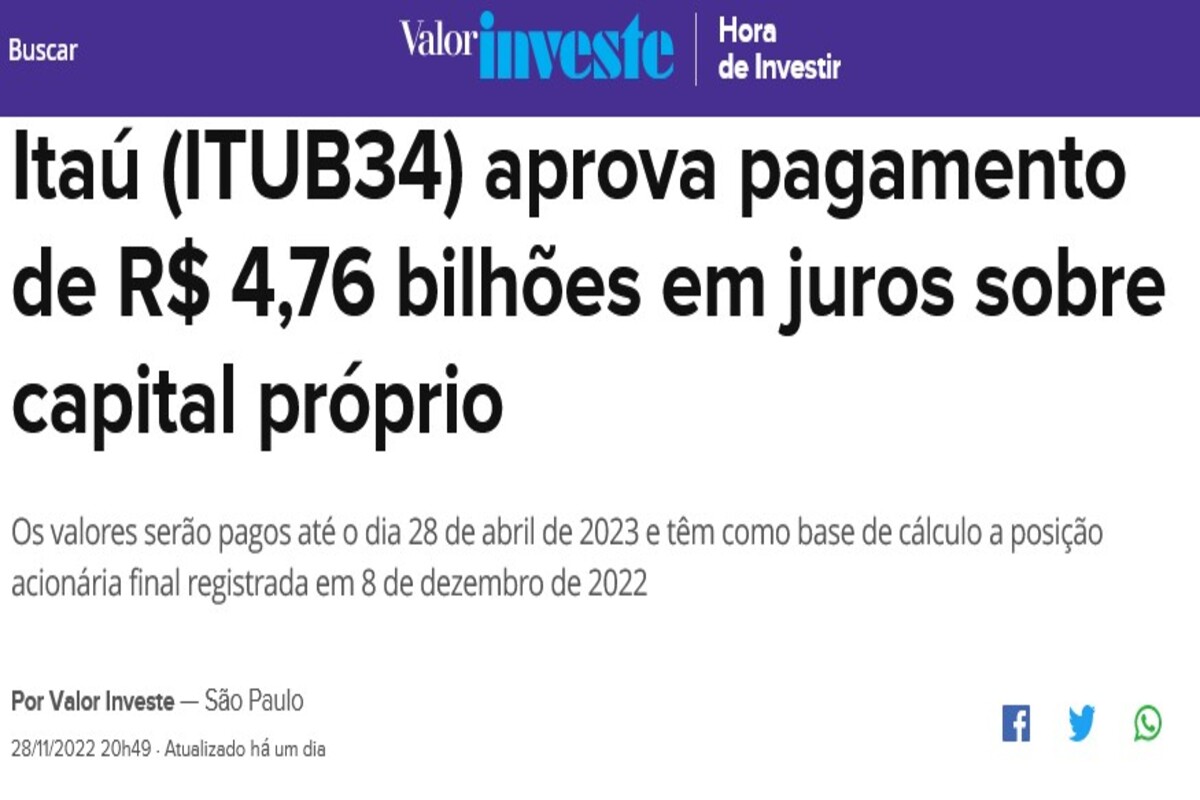 Banco Itaú anuncia pagamento de proventos, o rendimento pode ser maior que a poupança - Reprodução Valor