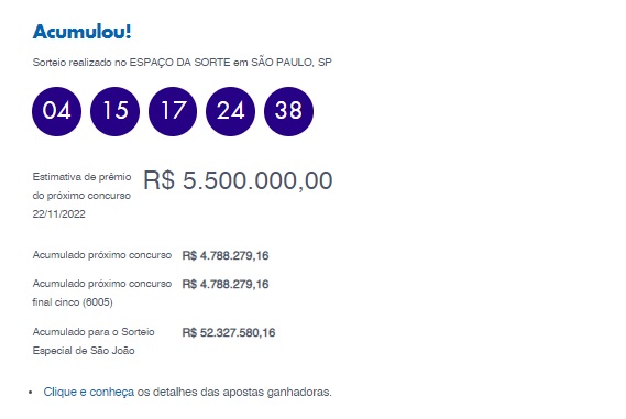 Quina: concurso 6004 acumula e prêmio fica em R$ 5,5 milhões; confira os números sorteados