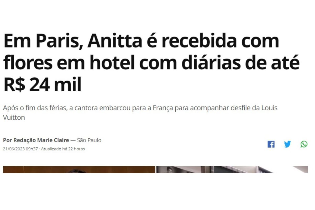 Anitta posta fotos em hotel de luxo em Paris; veja quanto ela pagou na diária