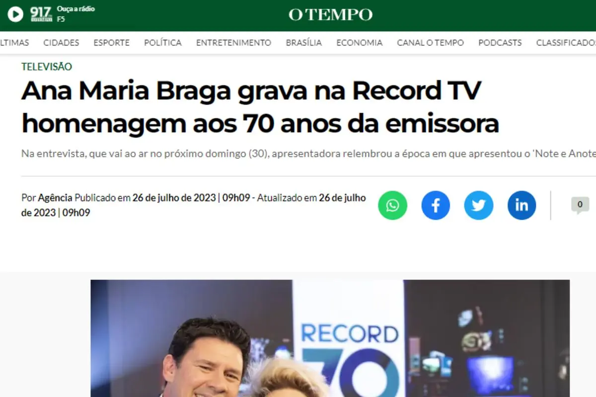 Ana Maria Braga emociona fãs em visita à TV Record após 24 anos; confira. Foto: Instagram Ana Maria Braga emociona fãs em visita à TV Record após 24 anos; confira