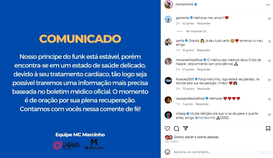 Mc Marcinho luta pela vida e perfil oficial do cantor pede orações; confira. Foto: Instagram