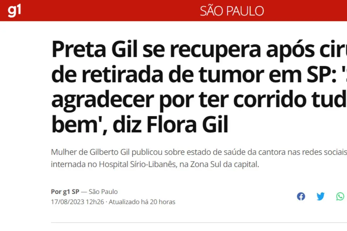 Preta Gil no hospital: confira aqui todos os detalhes da cirurgia feita pela cantora no dia 16 Preta Gil no hospital: confira aqui todos os detalhes da cirurgia feita pela cantora no dia 16