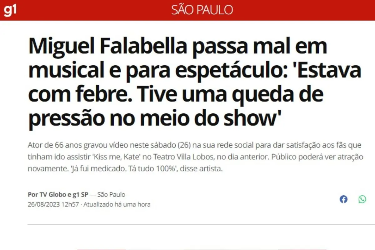 Miguel Falabella passa mal em show, assusta fãs, mas se recupera; veja vídeo Miguel Falabella passa mal em show, assusta fãs, mas se recupera; veja vídeo