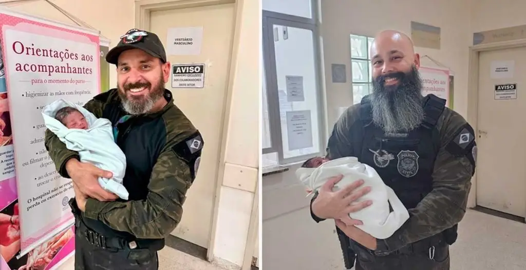 'A bebê já estava nascendo'; Jasmine vem ao mundo com ajuda de dois policiais. Imagem: Divulgação Polícia Civil e Garra