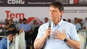 Tarcísio evita citar Flávio Bolsonaro, mas promete 'direita unida'. Imagem: Célio Messias/Governo de SP