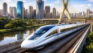 Trem-bala que ligará SP ao Rio inaugura em 2032, diz empresa. Imagem gerada por IA