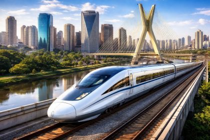 Trem-bala que ligará SP ao Rio inaugura em 2032, diz empresa. Imagem gerada por IA