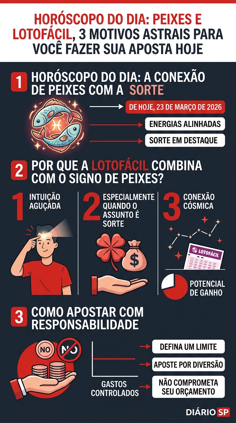 Horóscopo do dia: Peixes e Lotofácil, 3 motivos astrais para você fazer sua aposta hoje 1 Infográfico — Horóscopo do dia: Peixes e Lotofácil, 3 motivos astrais para você fazer sua aposta hoje